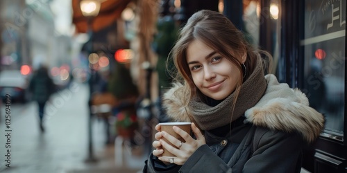 Attractive young Russian woman having a coffee in Moscow looking at the camera. 