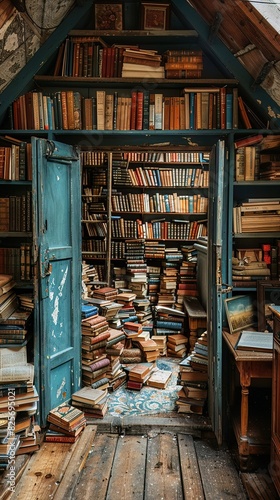 An old attic filled with forgotten books, their stories waiting to be rediscovered on Book Lover Day photo