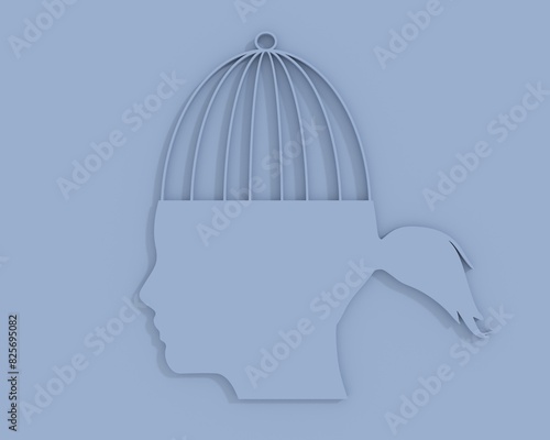 Woman, human brain trapped in cage, obstruction. Depression, panic and worry, obsessed, memory problems, cognitive therapy, mind under influence, self-control, prisoner capture. 3D render