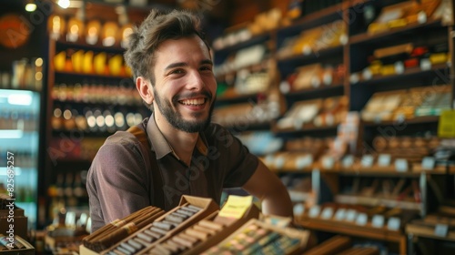 Smiling young handsome selling cigars at a tobacco shop.  photo