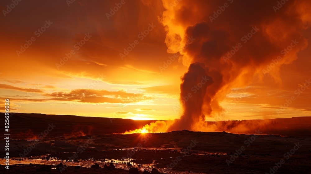 The geysers eruption silhouetted against a fiery sunset