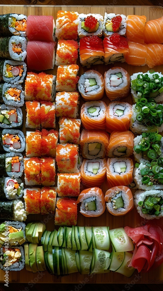 Aerial Shot , Vegan , Emotion Pure , Scene Assorted vegan sushi on a bamboo mat , Symmetrical , Lighting Natural Light , Lunch , Vegan Restaurant Aerial Shot , Vegan , Emotion Pure , Scene Assorted vegan sushi on a bamboo mat , Symmetrical , Lighting Natural Light , Lunch , Vegan Restaurant