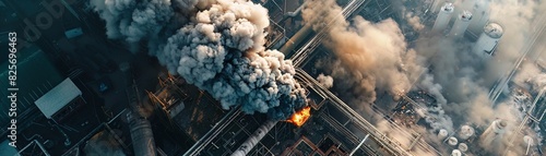 Aerial view of a chemical explosion at a factory, with massive smoke plumes and emergency response photo