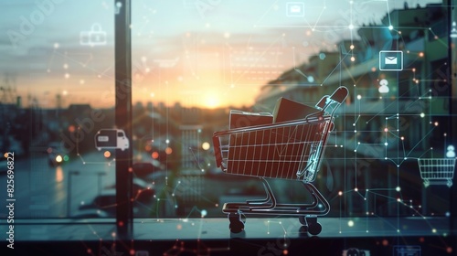 The concept of online shopping, a black silhouette of a supermarket cart with boxes on a blurred background seen from a window with sky and  photo