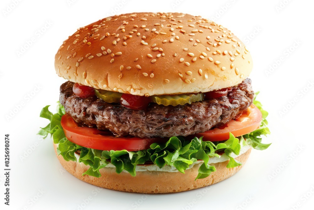realistic grilled hamburger with vegetables isolated on a white background