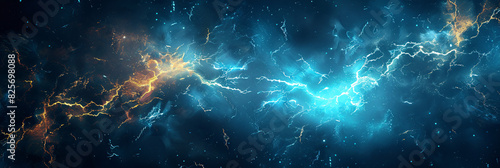 Blue lightning on dark sky, thunder storm, electric flashes in the style of electric flashes in the night sky. photo