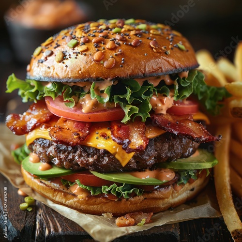 a juicy beef burger with bacon fillings  melted cheese  loaded with lettuce  tomatoes and slice avocados 