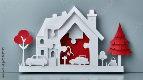 Wallpaper Mural paper art representation of a house made out of puzzle pieces. The house has a white exterior with red accents, including a tree and a car in the front yard. Torontodigital.ca