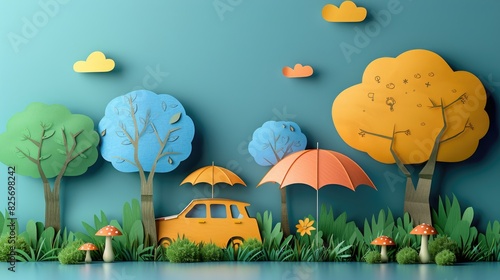 A delightful paper art scene of a colorful park. The park features trees in various colors  a yellow car  and umbrellas providing shade. The sky is adorned with fluffy clouds  creating a cheerful
