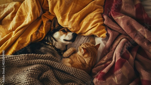 A dog and cat lie in bed with their warm and happy owners
