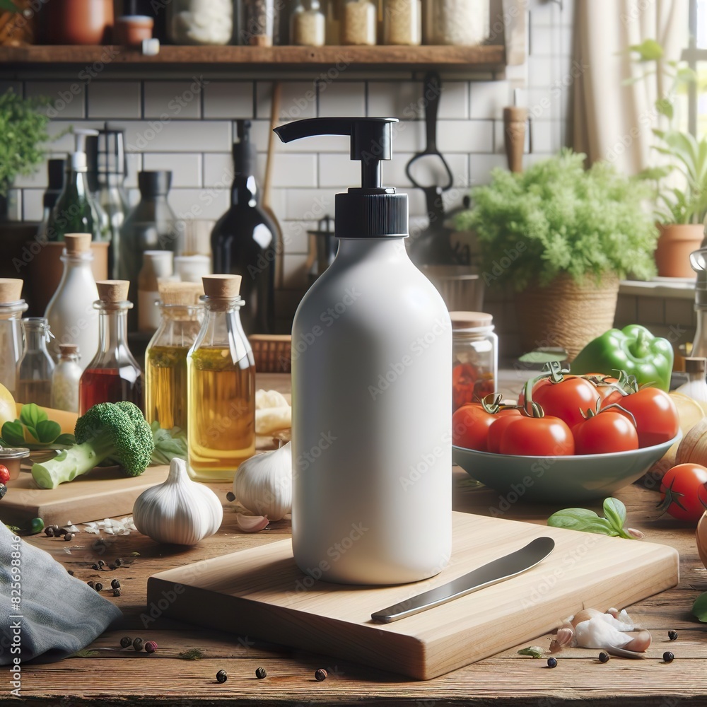 bottle mockup set within a vibrant kitchen scene, surrounded by fresh ingredients bottle mockup set within a vibrant kitchen scene, surrounded by fresh ingredients