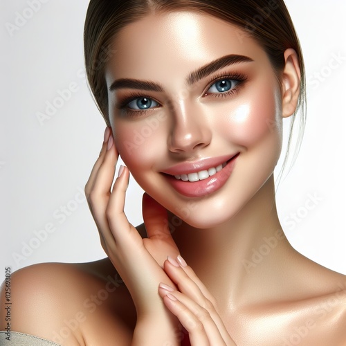 woman smiling while touching her flawless glowy skin  photo