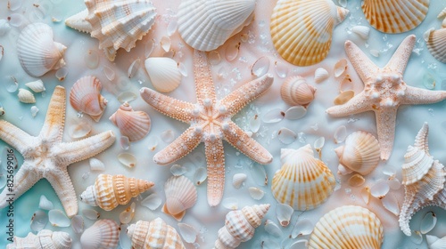 Abstract background of pastel colored starfish and seashells. Beautiful background 