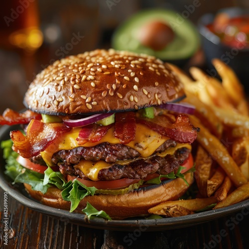 a classic cheese burger loaded with double patty beef  fries  lettuce  tomatoes  all served in a freshly baked burger bun