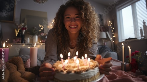woman taking selfie with birthday cake with candles at home.