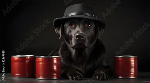 dark muzzle labrador dog in hat with canned glasses on black.generative.ai  photo