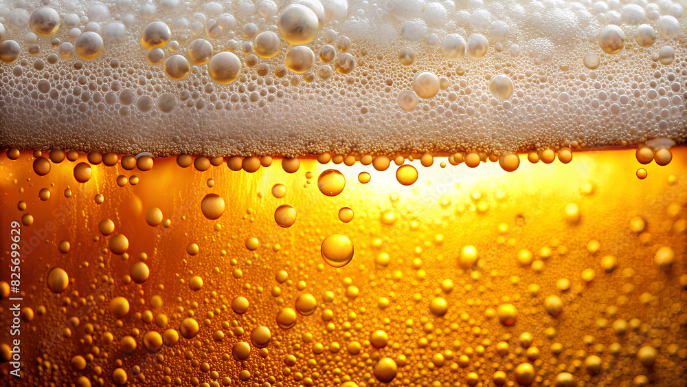 view of beer background. Texture of cooling beer summer's drink with foam and macro bubbles on the glass wall. Fizzing or floating up to top of surface view of beer background. Texture of cooling beer summer's drink with foam and macro bubbles on the glass wall. Fizzing or floating up to top of surface