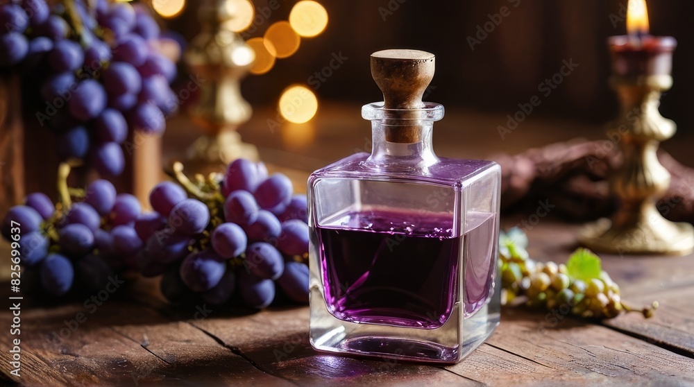 Enchanting Elixir: Half-Filled Violet Cube Potion Ampoule with Intricate Gold Adornments, Sparkling with Mystique, Resting on an Ancient Wooden Table Enchanting Elixir: Half-Filled Violet Cube Potion Ampoule with Intricate Gold Adornments, Sparkling with Mystique, Resting on an Ancient Wooden Table