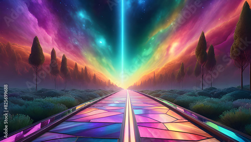 Stained glass road leads onward to a whimsical colorful sky photo