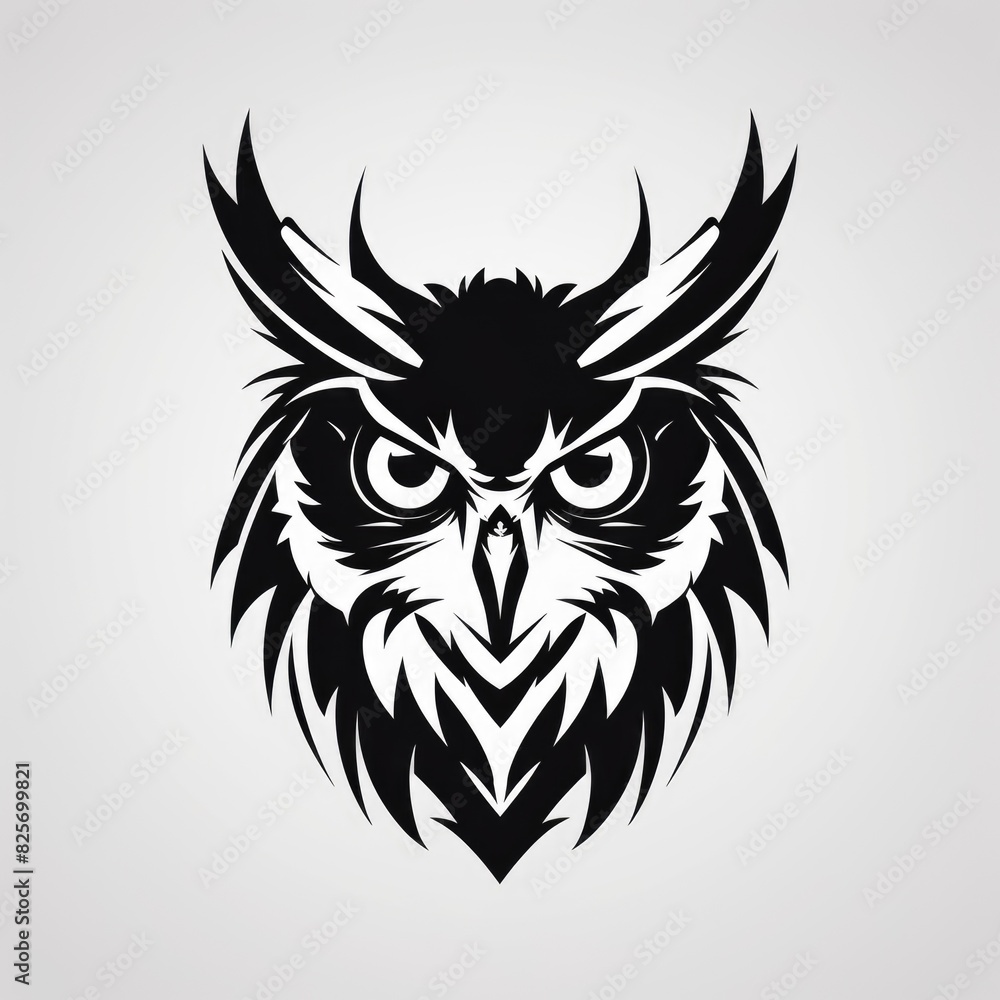 Fototapeta premium Logo design, Stencil art style, solid silhouette of a owl's face, high contrast black and white, white background