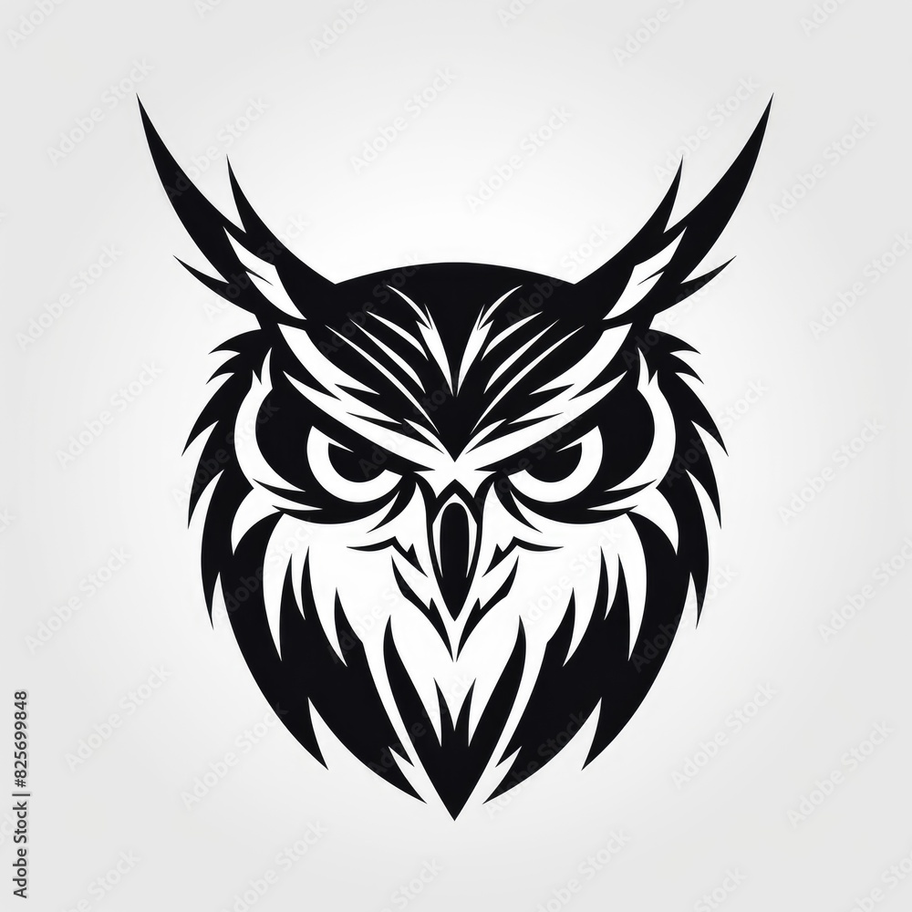 Logo design, Stencil art style, solid silhouette of a owl's face, high contrast black and white, white background