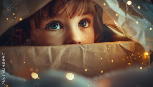 Child peeking into a mysterious box, close up, innocent curiosity, whimsical, fusion, bedroom backdrop photo