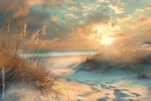 Golden hour at the beach, copy space, peaceful sunset, whimsical, composite, coastal backdrop
