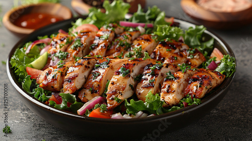 Grilled chicken breast over fresh salad