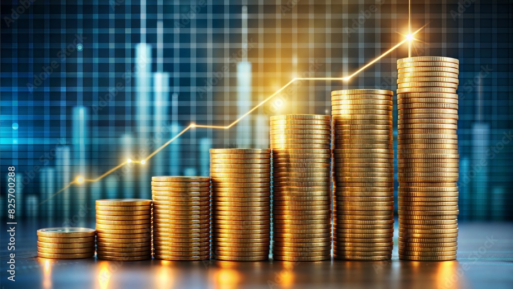 Coins are laid out in graph .Business success concept wealth stock investment. Business in the digital age