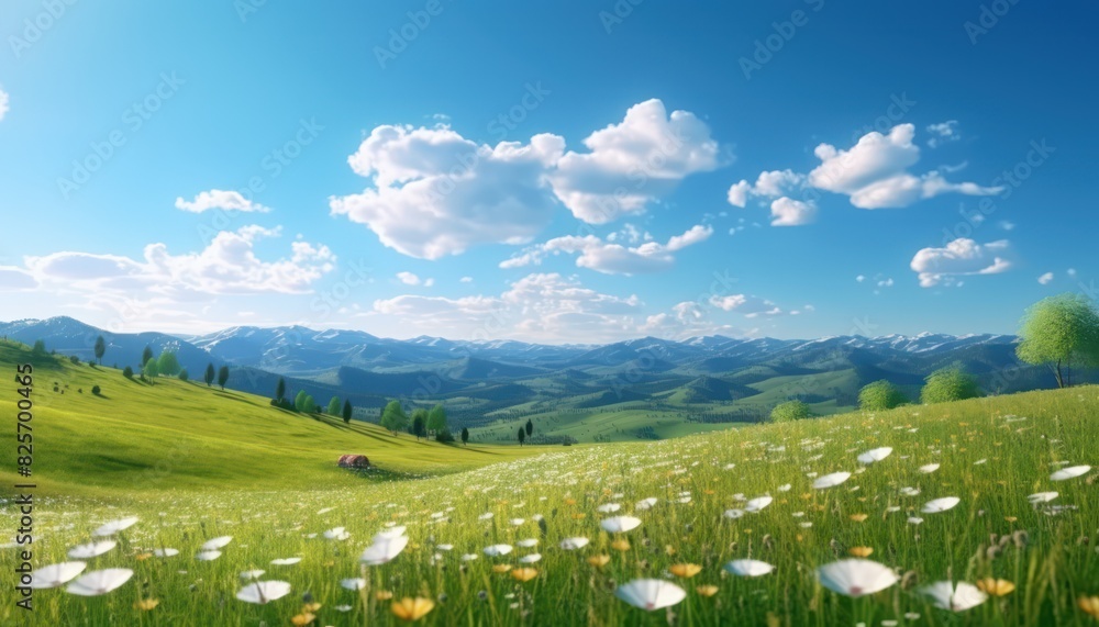 A stunning spring day landscaping views of fertile land surrounded beautiful green vegetation, wide stretches of hills and mountains with clear skies in spring