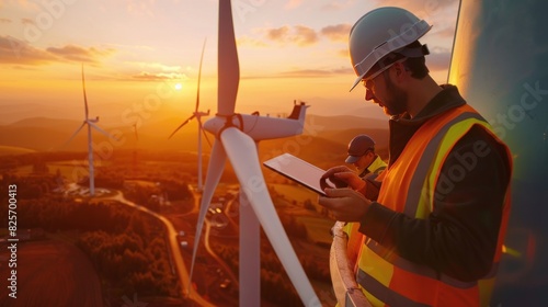 A man uses a tablet while working alongside a maintenance engineer in a wind turbine. photo