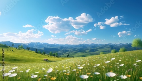 A stunning spring day landscaping views of fertile land surrounded beautiful green vegetation, wide stretches of hills and mountains with clear skies in spring