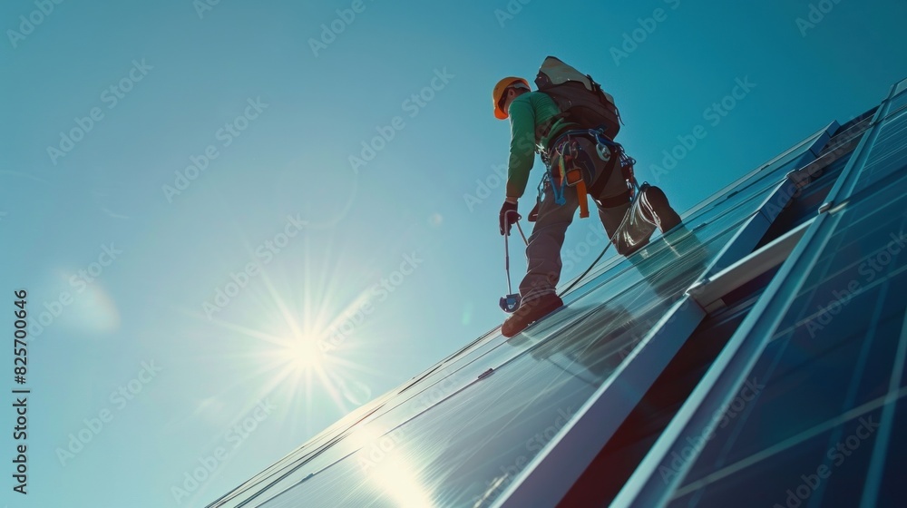 Naklejka premium A worker in a full-body harness is seen working at height, using a clamp meter to measure currents while installing a solar panel.