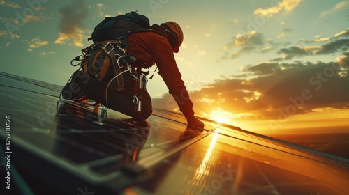 A worker in a full-body harness is seen working at height, using a clamp meter to measure currents while installing a solar panel. photo