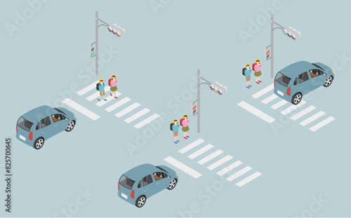 アイソメトリックイラスト：小学生と横断歩道