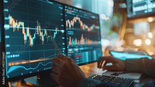 Businesspeople analyze financial data charts for trading forex, investing in stock exchanges, mutual funds, and digital assets. Embracing technology in business finance and investment concepts. photo