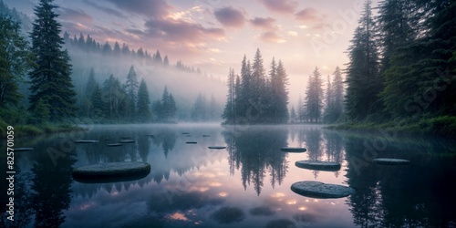 Quiet early morning in a mysterious forest with anomalous stones in the lake photo