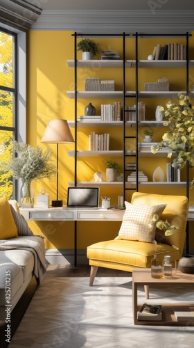 Wallpaper Mural yellow home office with shelves and a desk. Torontodigital.ca