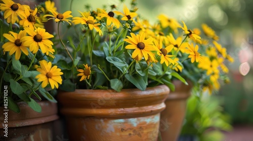 Potted yellow wildflowers adorn the home with their blooms