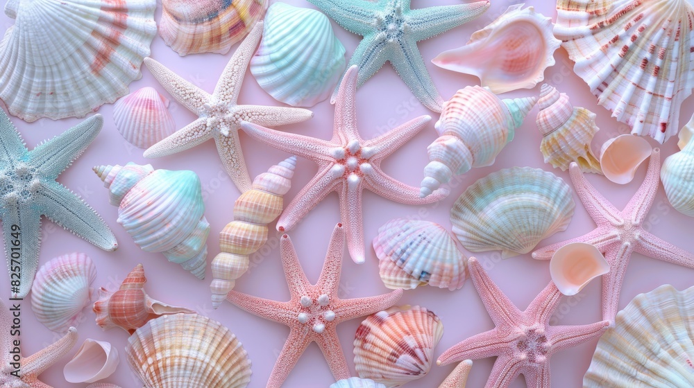 Abstract background of pastel colored starfish and seashells. Beautiful background Abstract background of pastel colored starfish and seashells. Beautiful background