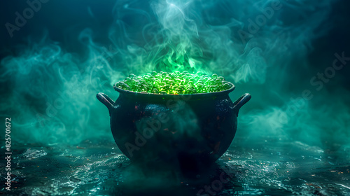 Cauldron with green glowing potion isolated on a dark  foggy background photo