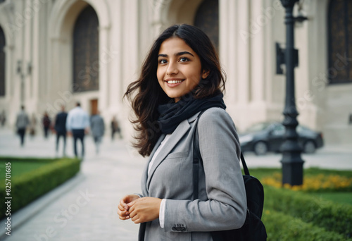 woman in business attire, smiling in front of office complex, successful career