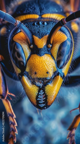 A close up of a yellow and black wasp's face generated by AI photo