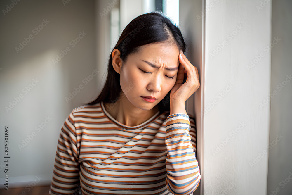 Asian young woman, girl headache or migraine pain. suffering from vertigo, difficulty standing up leaning on wall at home, holding head with hand, health problem of brain Asian young woman, girl headache or migraine pain. suffering from vertigo, difficulty standing up leaning on wall at home, holding head with hand, health problem of brain