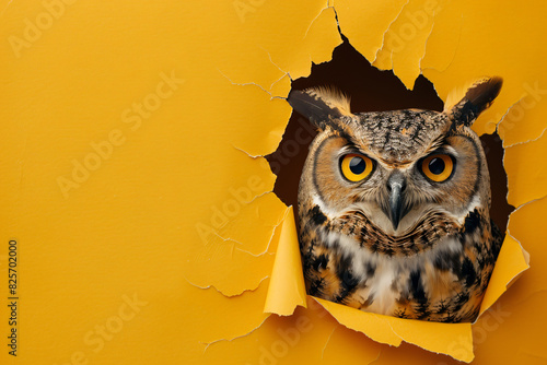 A small owl is peeking out from a hole in a yellow background photo