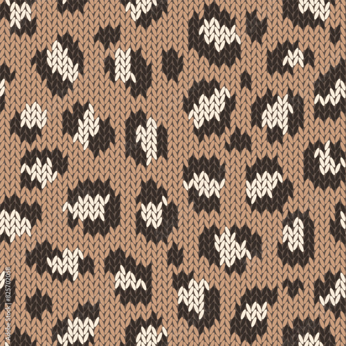 Knitted animal skin seamless pattern. Fabric imitation vector background. Flat style knit wallpaper with leopard print. Cute design for gift wrap, paper, textile