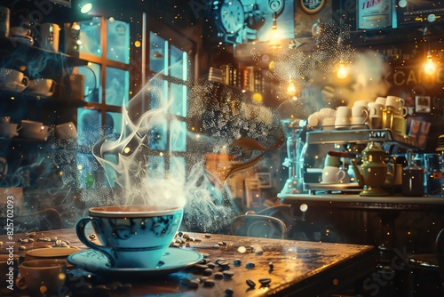 Create a magical coffee scene with beautiful elements and imaginative details, closeup, whimsical, blend mode, cozy cafe backdrop © Dadee