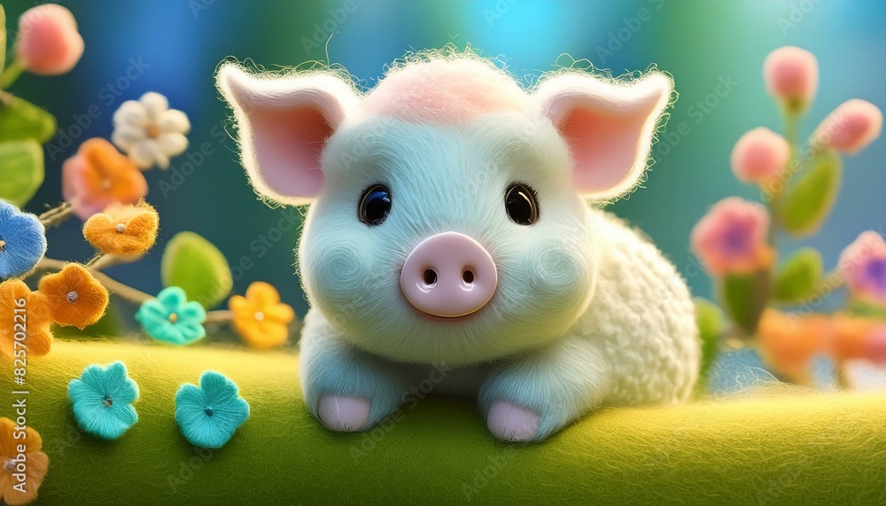 Plush toy. Illustration of a stuffed pig in nature.