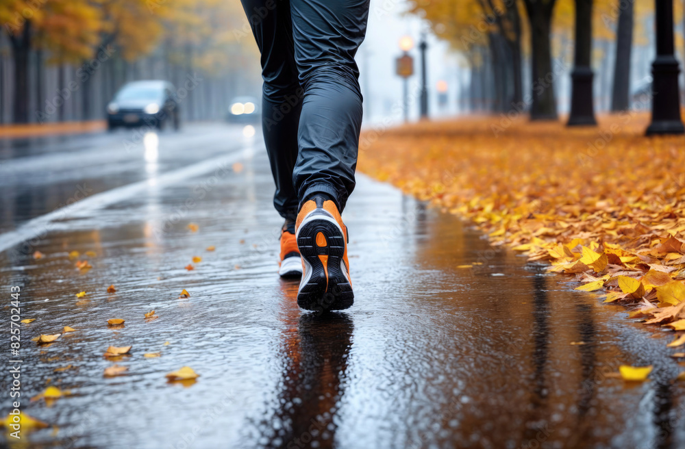 Close-up of men's feet in sneakers walking on wet asphalt with yellow fallen leaves Close-up of men's feet in sneakers walking on wet asphalt with yellow fallen leaves