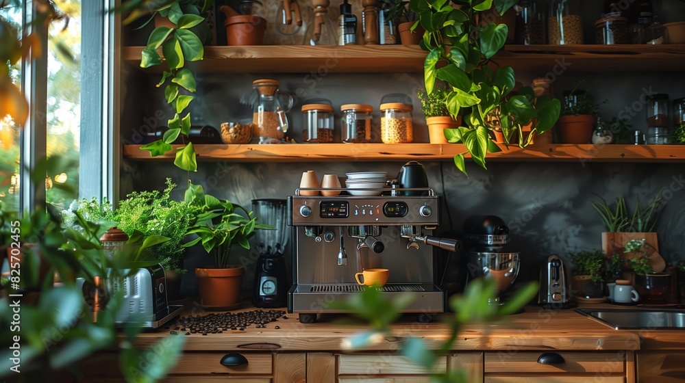 Cozy coffee nook in a kitchen with greenery and espresso machine Cozy coffee nook in a kitchen with greenery and espresso machine